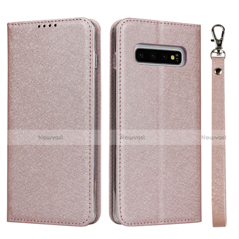 Leather Case Stands Flip Cover T09 Holder for Samsung Galaxy S10 Plus Rose Gold