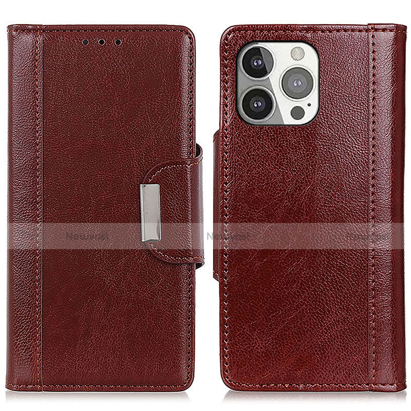 Leather Case Stands Flip Cover T15 Holder for Apple iPhone 14 Pro Brown