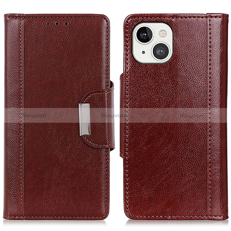 Leather Case Stands Flip Cover T15 Holder for Apple iPhone 15 Brown