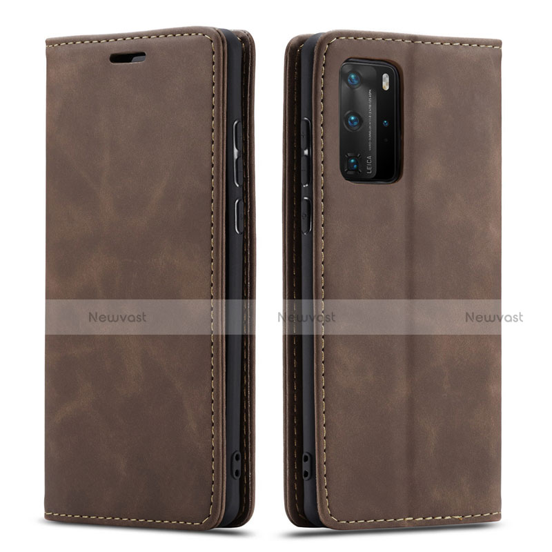 Leather Case Stands Flip Cover T15 Holder for Huawei P40 Pro Brown