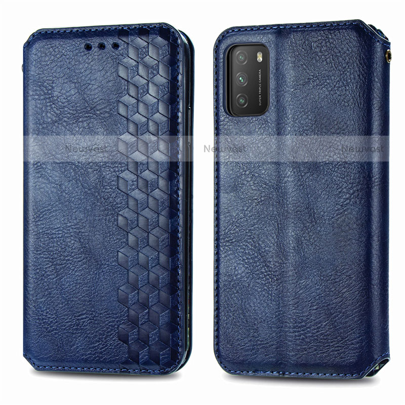 Leather Case Stands Flip Cover T16 Holder for Xiaomi Poco M3 Blue