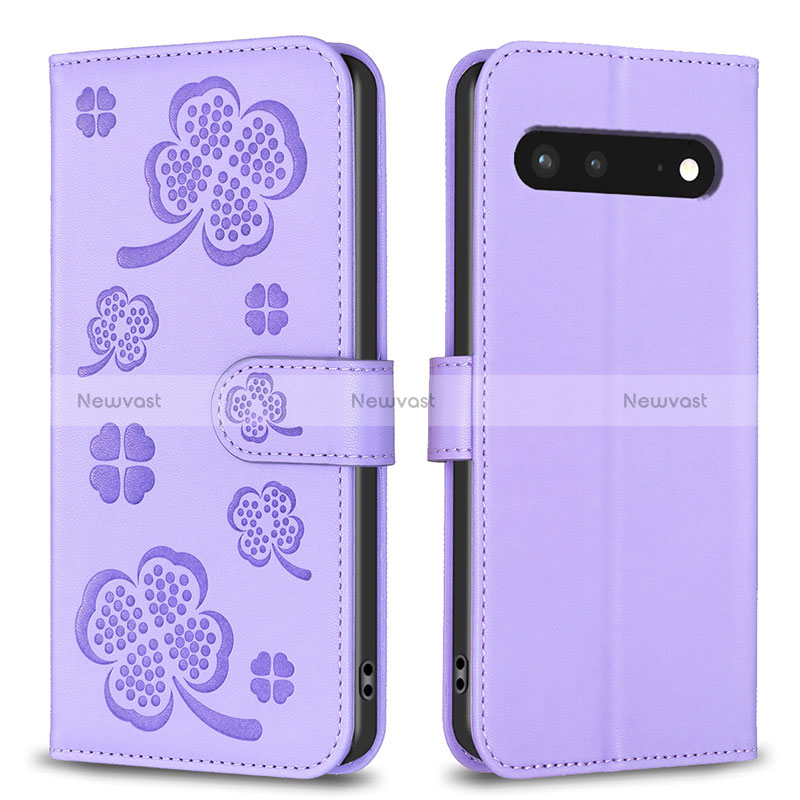 Leather Case Stands Flip Flowers Cover Holder BF1 for Google Pixel 7 5G Purple