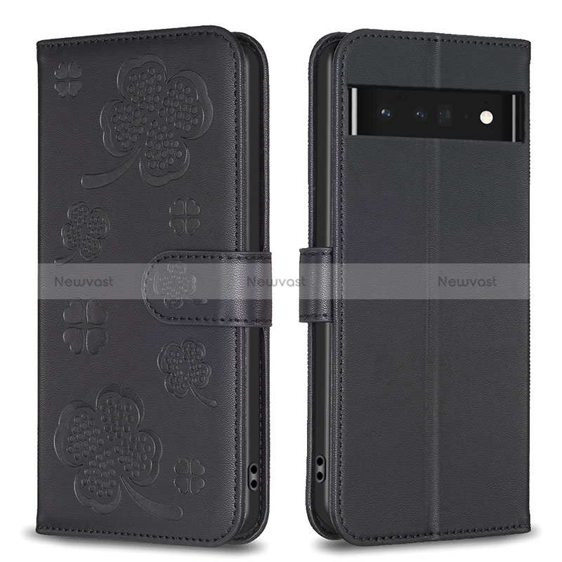 Leather Case Stands Flip Flowers Cover Holder BF1 for Google Pixel 7 Pro 5G Black