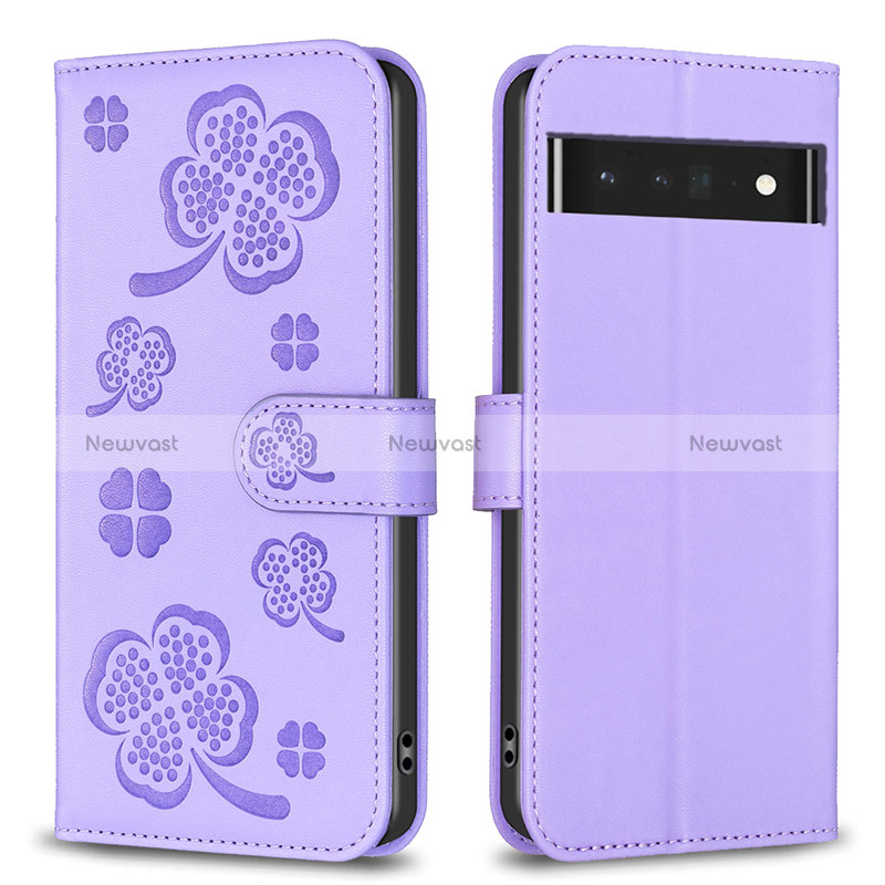 Leather Case Stands Flip Flowers Cover Holder BF1 for Google Pixel 7 Pro 5G Purple