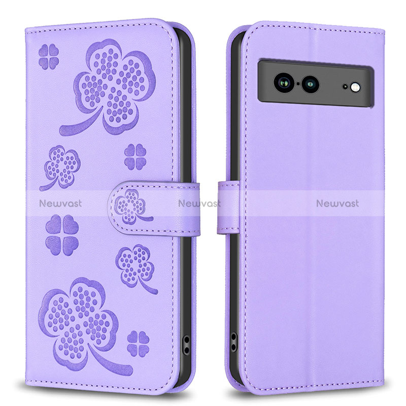 Leather Case Stands Flip Flowers Cover Holder BF1 for Google Pixel 7a 5G Purple