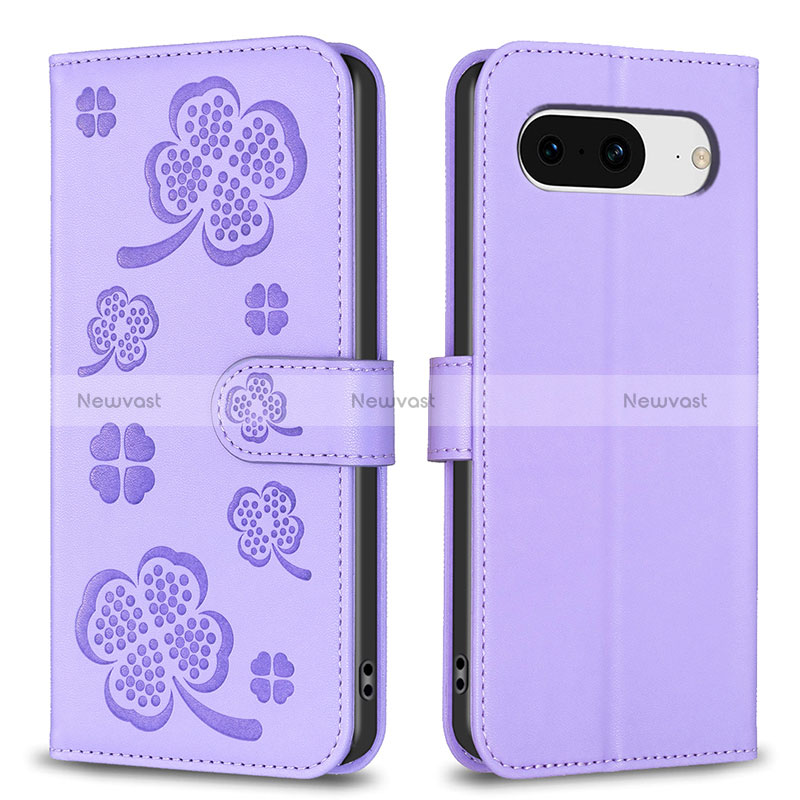 Leather Case Stands Flip Flowers Cover Holder BF1 for Google Pixel 8 5G Purple