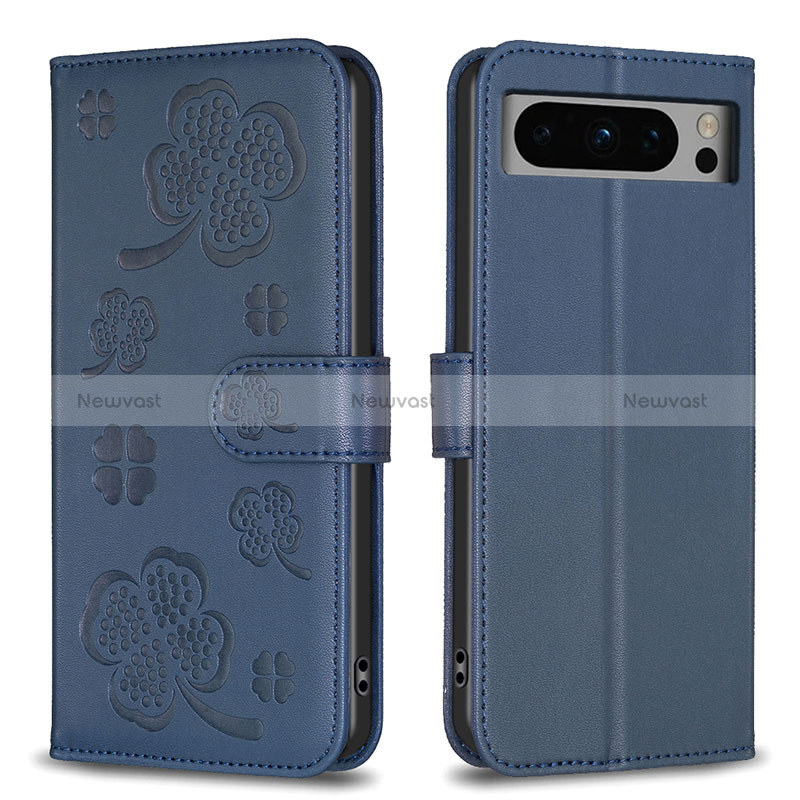 Leather Case Stands Flip Flowers Cover Holder BF1 for Google Pixel 8 Pro 5G Blue