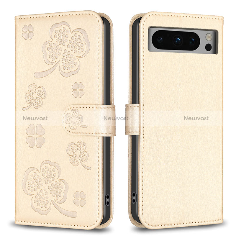 Leather Case Stands Flip Flowers Cover Holder BF1 for Google Pixel 8 Pro 5G Gold