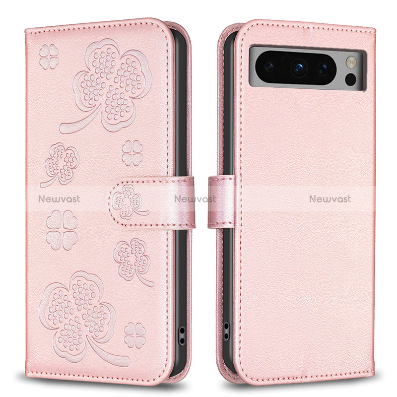 Leather Case Stands Flip Flowers Cover Holder BF1 for Google Pixel 8 Pro 5G Rose Gold