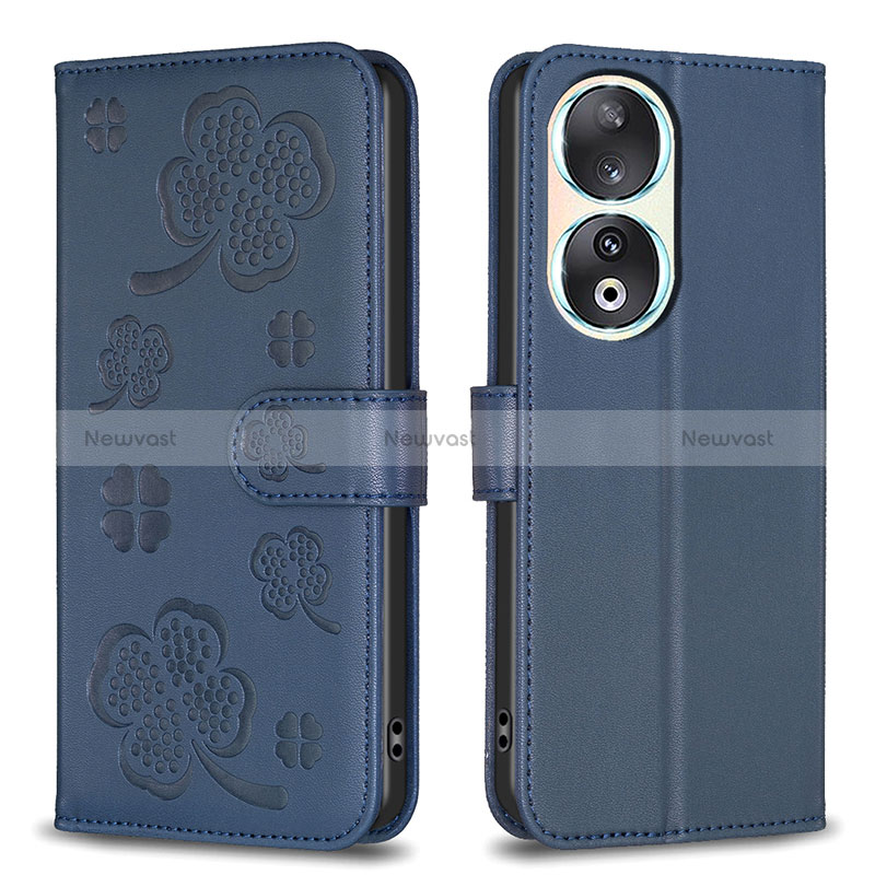 Leather Case Stands Flip Flowers Cover Holder BF1 for Huawei Honor 90 5G Blue