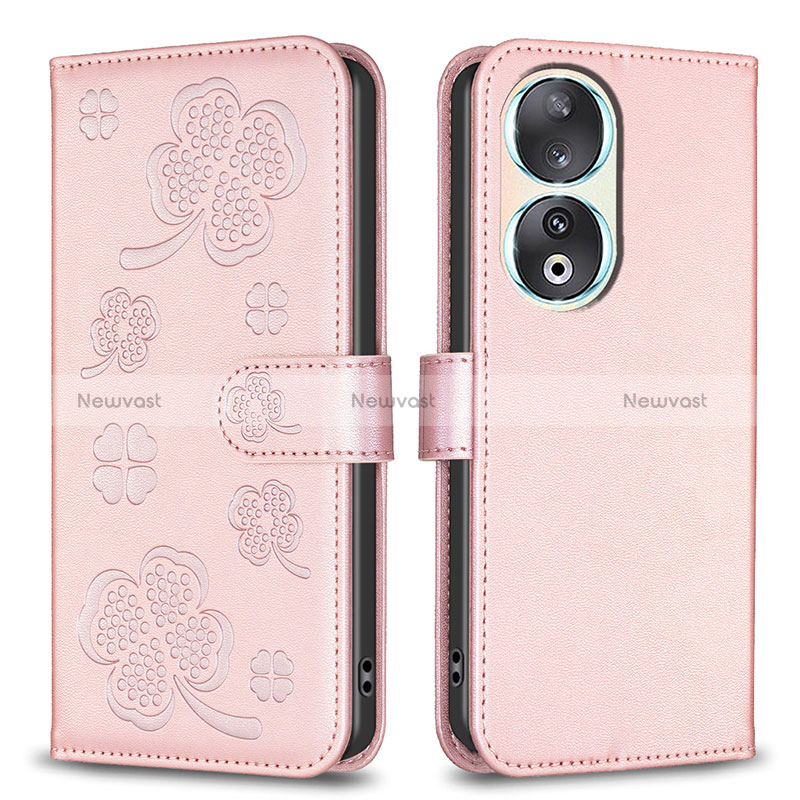 Leather Case Stands Flip Flowers Cover Holder BF1 for Huawei Honor 90 5G Rose Gold