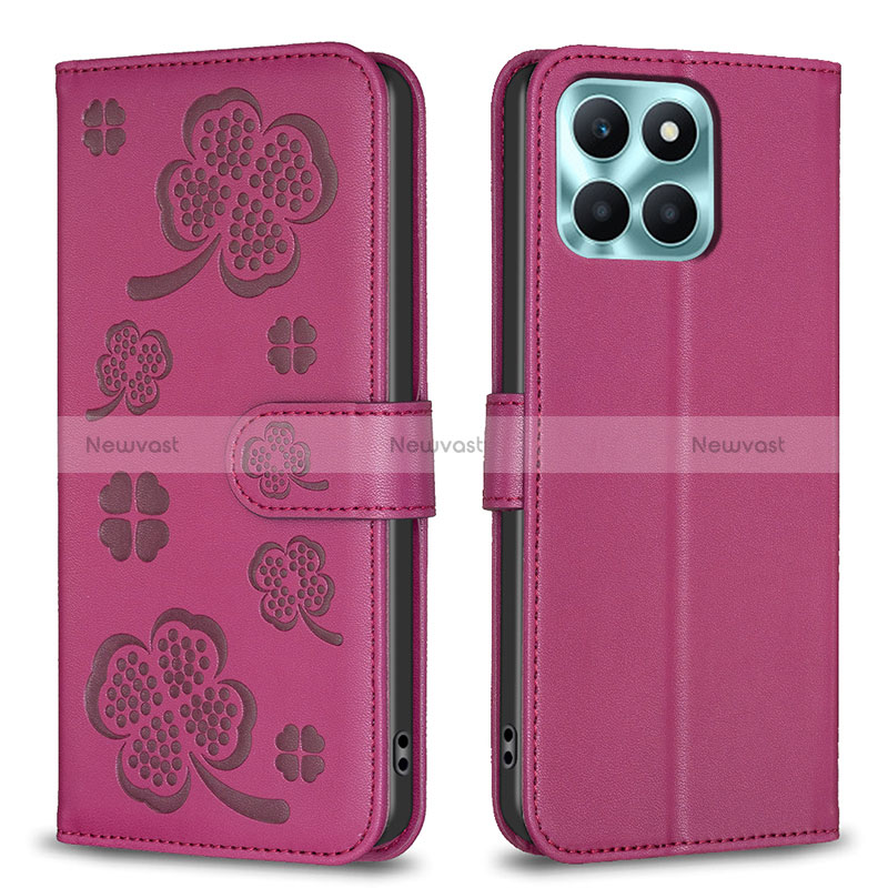 Leather Case Stands Flip Flowers Cover Holder BF1 for Huawei Honor X6a Hot Pink