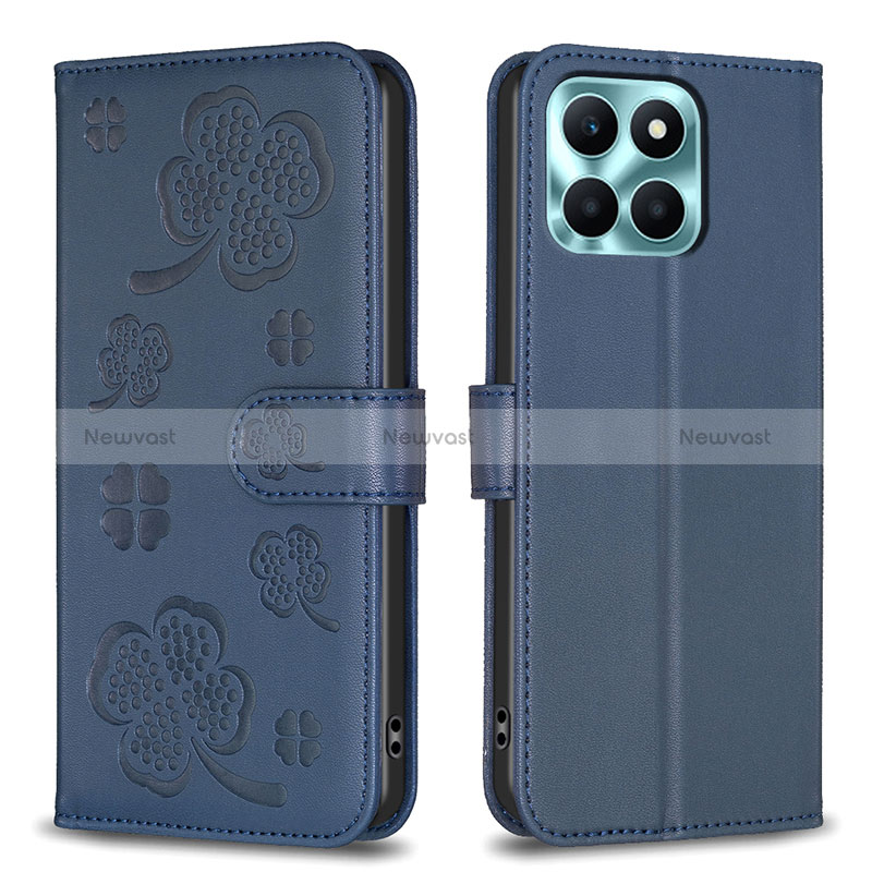 Leather Case Stands Flip Flowers Cover Holder BF1 for Huawei Honor X8b Blue