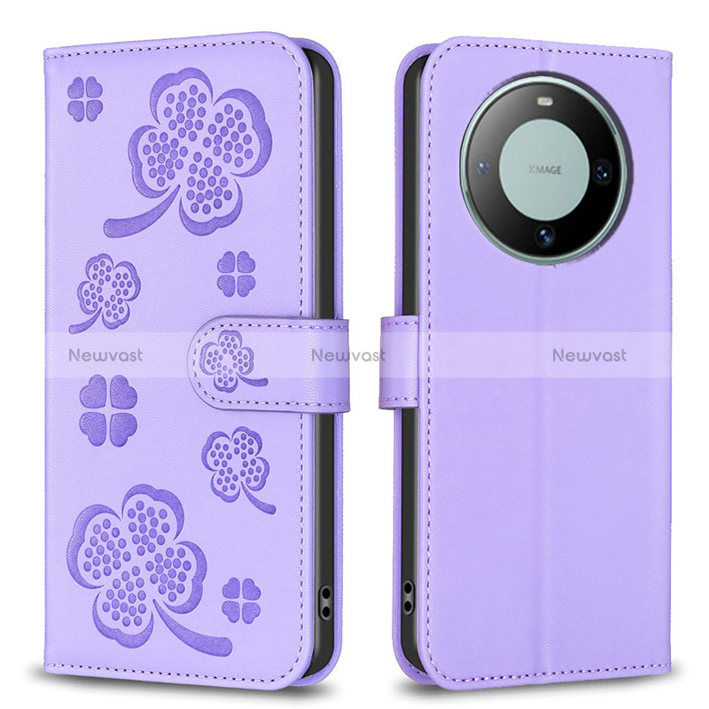 Leather Case Stands Flip Flowers Cover Holder BF1 for Huawei Mate 60 Pro+ Plus Purple