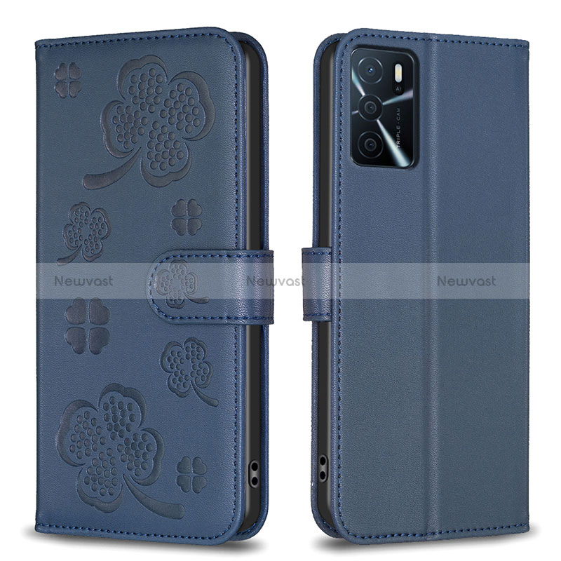 Leather Case Stands Flip Flowers Cover Holder BF1 for Oppo A16s Blue