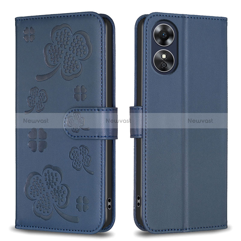 Leather Case Stands Flip Flowers Cover Holder BF1 for Oppo A17 Blue