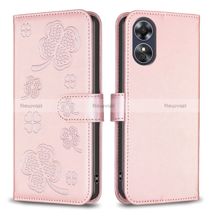 Leather Case Stands Flip Flowers Cover Holder BF1 for Oppo A17 Rose Gold