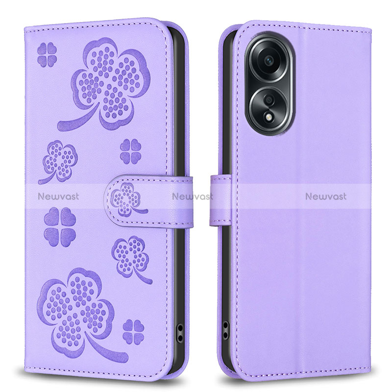 Leather Case Stands Flip Flowers Cover Holder BF1 for Oppo A38 Purple