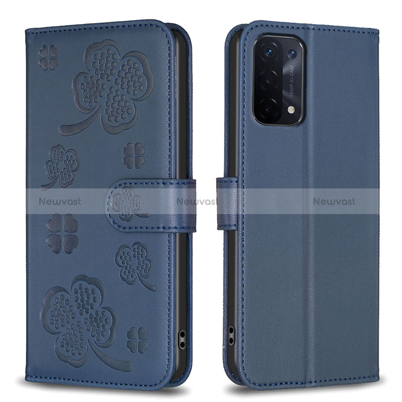 Leather Case Stands Flip Flowers Cover Holder BF1 for Oppo A54 5G Blue