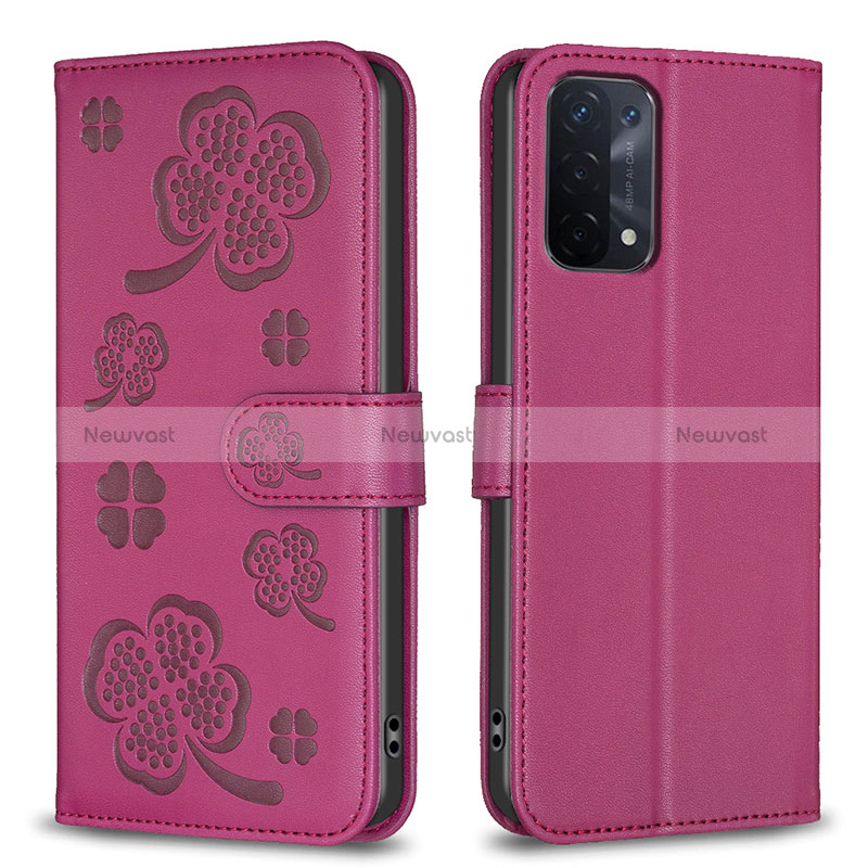 Leather Case Stands Flip Flowers Cover Holder BF1 for Oppo A54 5G Hot Pink