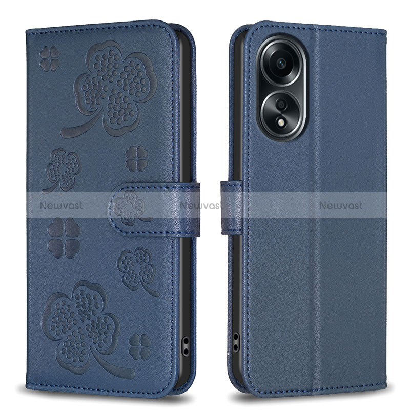 Leather Case Stands Flip Flowers Cover Holder BF1 for Oppo A58 4G Blue