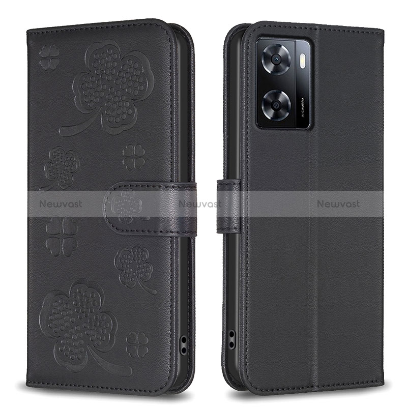 Leather Case Stands Flip Flowers Cover Holder BF1 for Oppo A77 4G Black