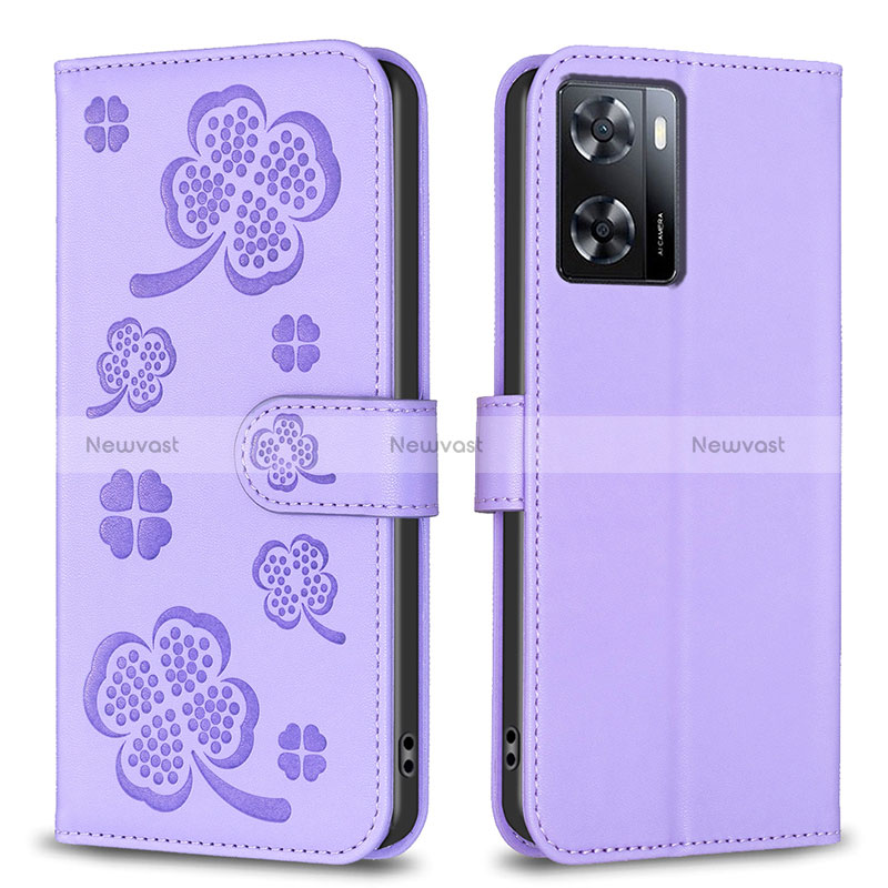 Leather Case Stands Flip Flowers Cover Holder BF1 for Oppo A77 4G Purple