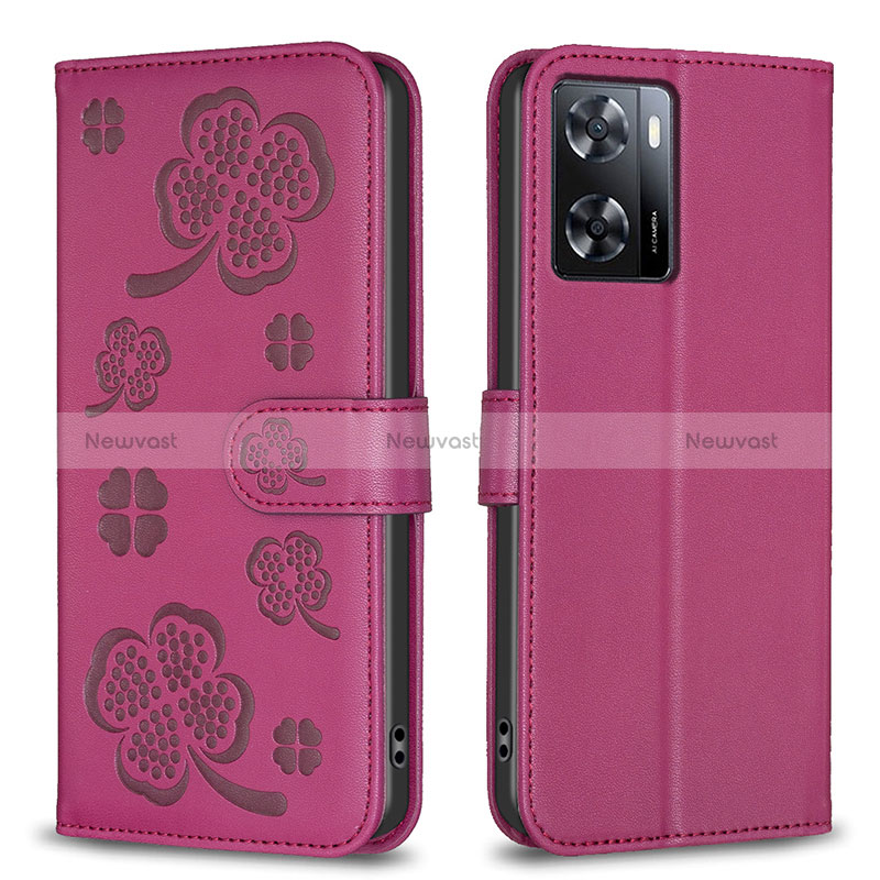 Leather Case Stands Flip Flowers Cover Holder BF1 for Oppo A77s Hot Pink