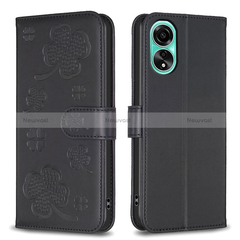 Leather Case Stands Flip Flowers Cover Holder BF1 for Oppo A78 4G Black