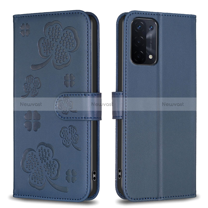 Leather Case Stands Flip Flowers Cover Holder BF1 for Oppo A93 5G Blue