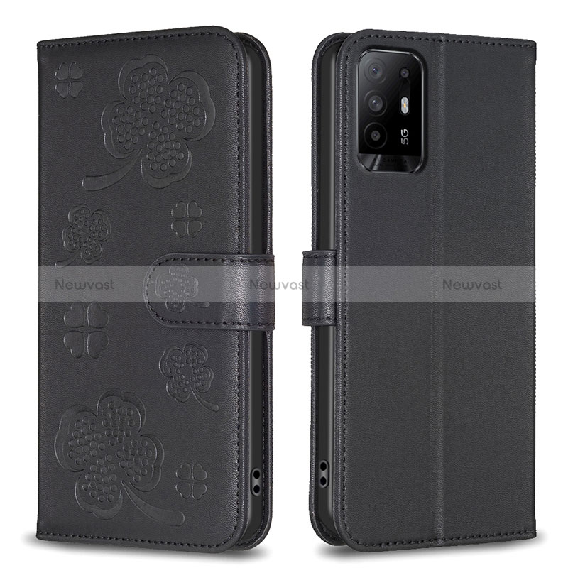 Leather Case Stands Flip Flowers Cover Holder BF1 for Oppo A94 5G Black