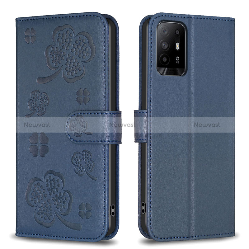 Leather Case Stands Flip Flowers Cover Holder BF1 for Oppo A95 5G Blue