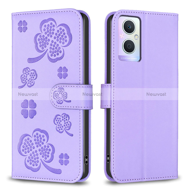 Leather Case Stands Flip Flowers Cover Holder BF1 for Oppo A96 5G Purple