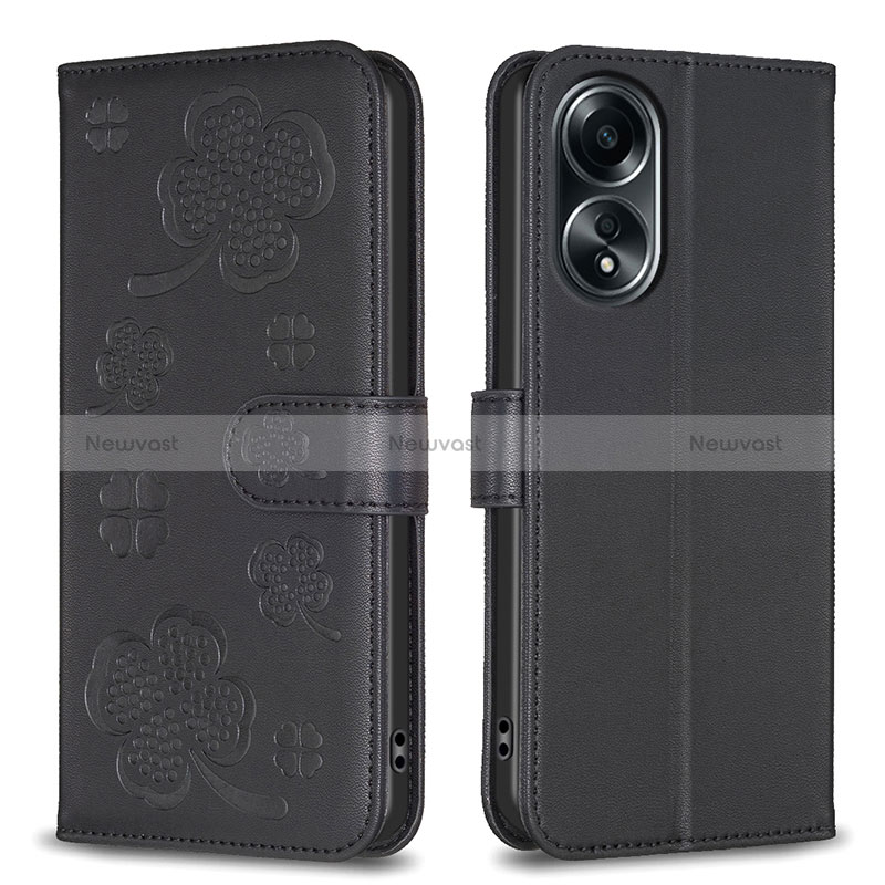 Leather Case Stands Flip Flowers Cover Holder BF1 for Oppo A98 5G Black