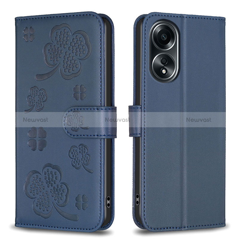 Leather Case Stands Flip Flowers Cover Holder BF1 for Oppo A98 5G Blue