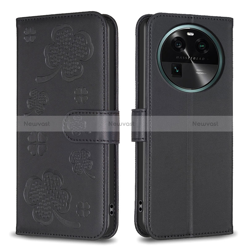 Leather Case Stands Flip Flowers Cover Holder BF1 for Oppo Find X6 5G Black