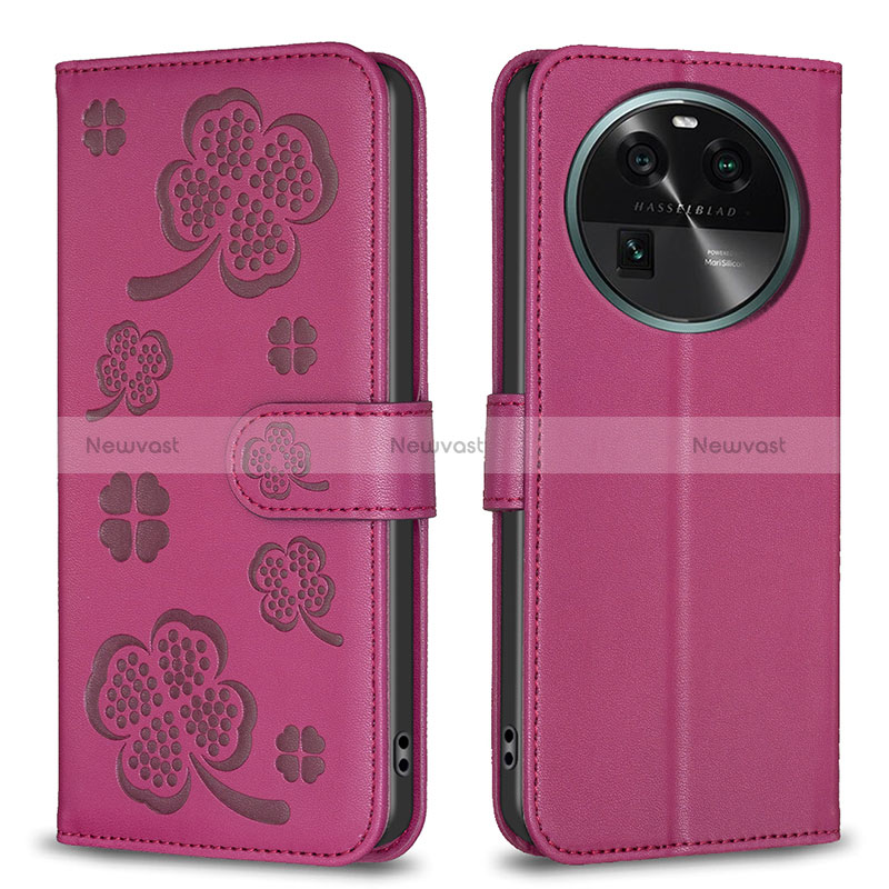 Leather Case Stands Flip Flowers Cover Holder BF1 for Oppo Find X6 5G Hot Pink