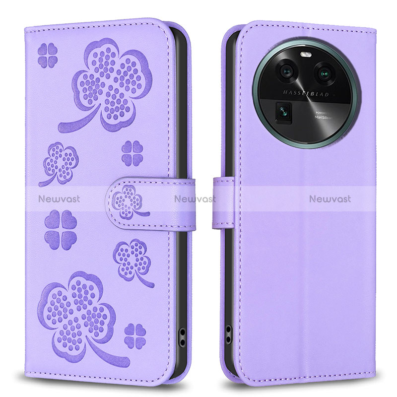 Leather Case Stands Flip Flowers Cover Holder BF1 for Oppo Find X6 Pro 5G Purple