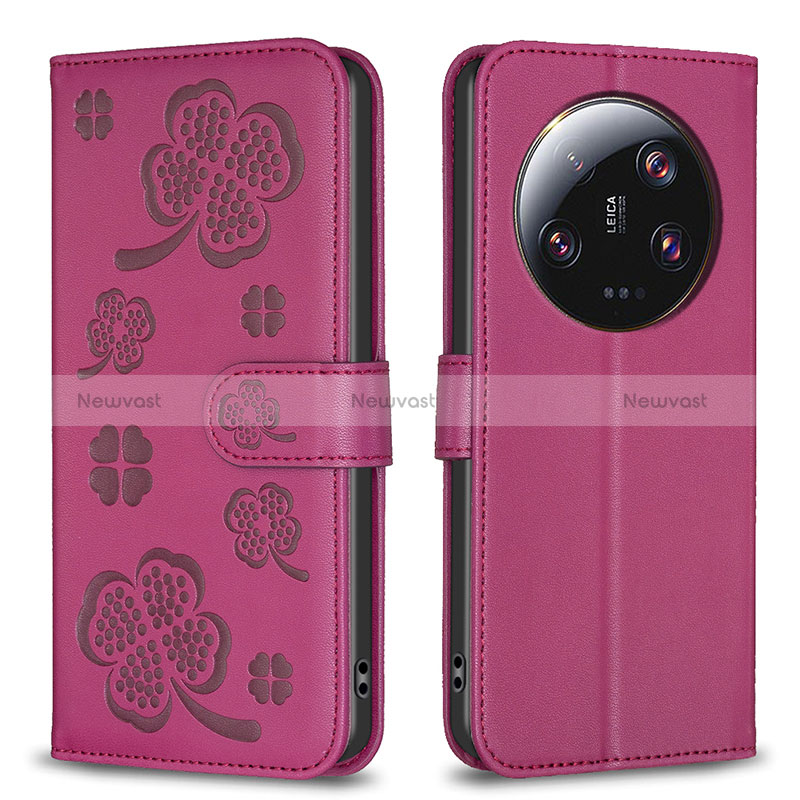 Leather Case Stands Flip Flowers Cover Holder BF1 for Xiaomi Mi 13 Ultra 5G Hot Pink