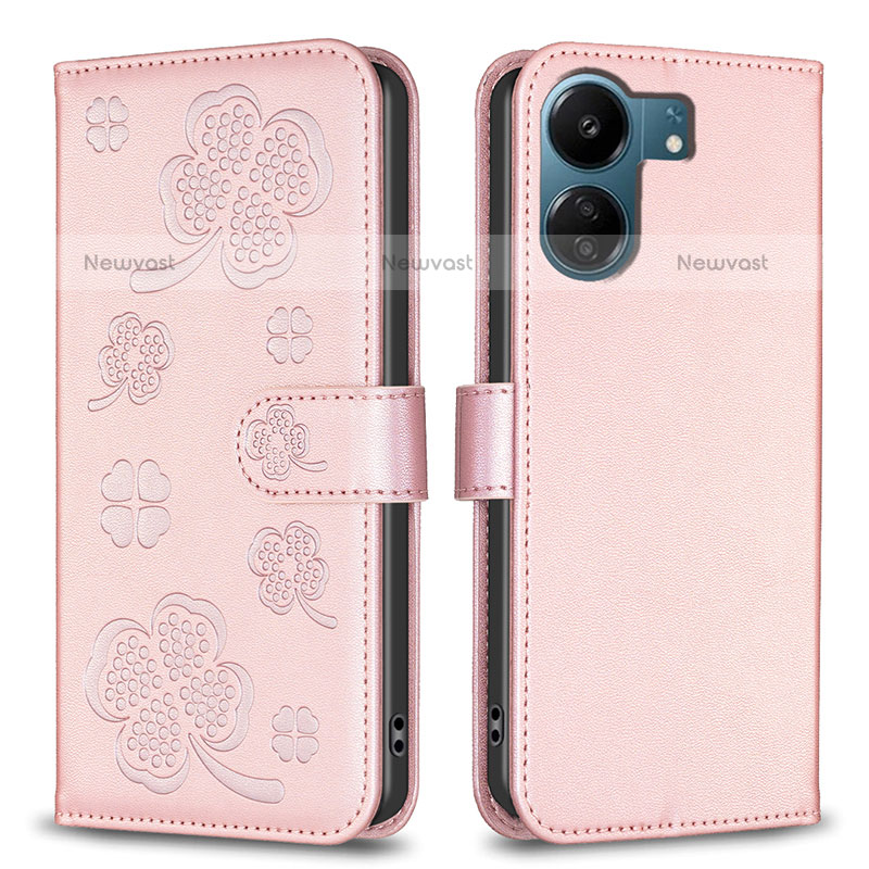 Leather Case Stands Flip Flowers Cover Holder BF1 for Xiaomi Poco C65 Rose Gold