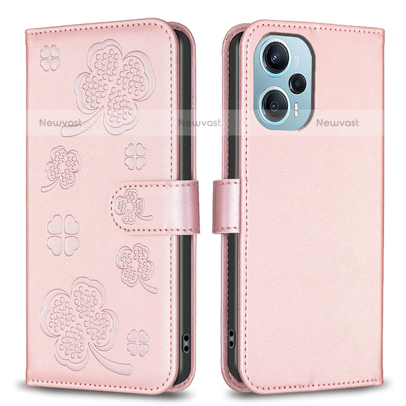 Leather Case Stands Flip Flowers Cover Holder BF1 for Xiaomi Poco F5 5G Rose Gold