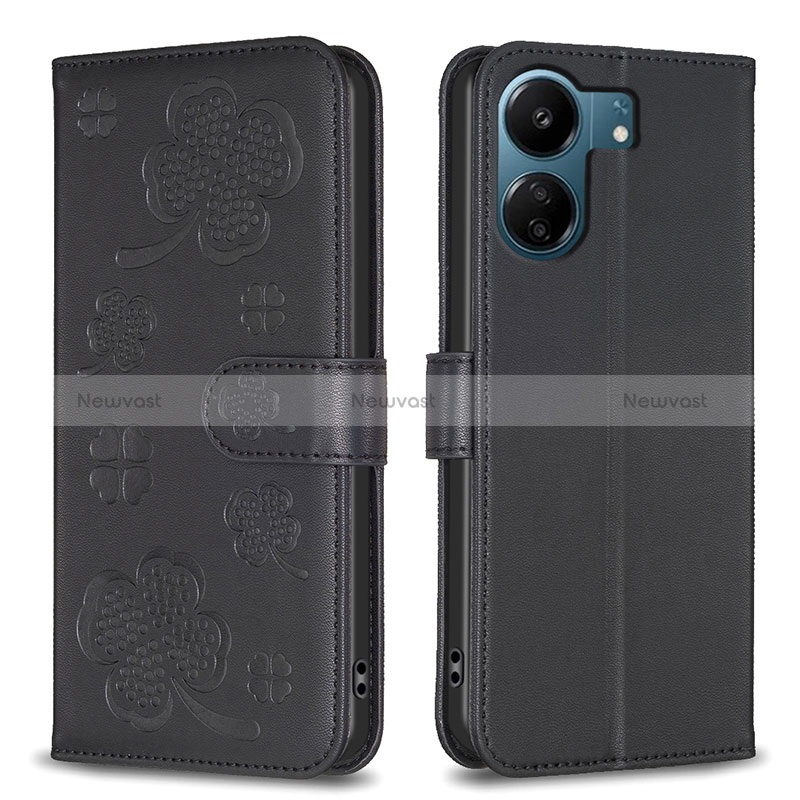 Leather Case Stands Flip Flowers Cover Holder BF1 for Xiaomi Redmi 13C Black