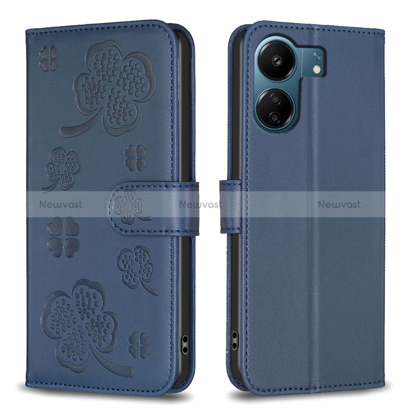 Leather Case Stands Flip Flowers Cover Holder BF1 for Xiaomi Redmi 13C Blue