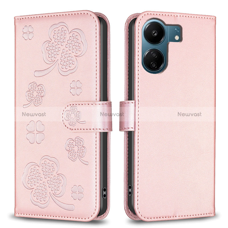 Leather Case Stands Flip Flowers Cover Holder BF1 for Xiaomi Redmi 13C Rose Gold