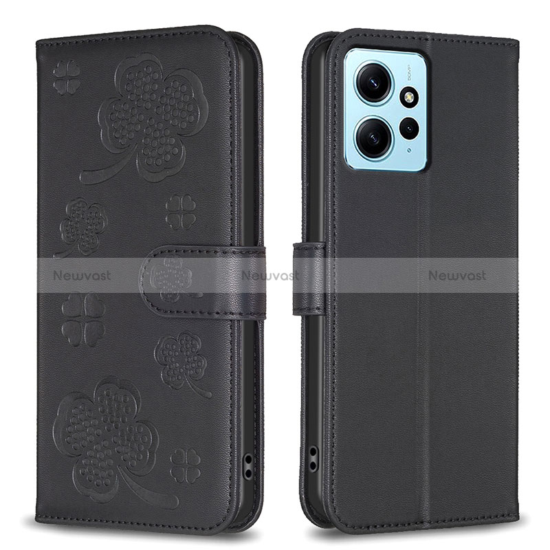 Leather Case Stands Flip Flowers Cover Holder BF1 for Xiaomi Redmi Note 12 4G Black