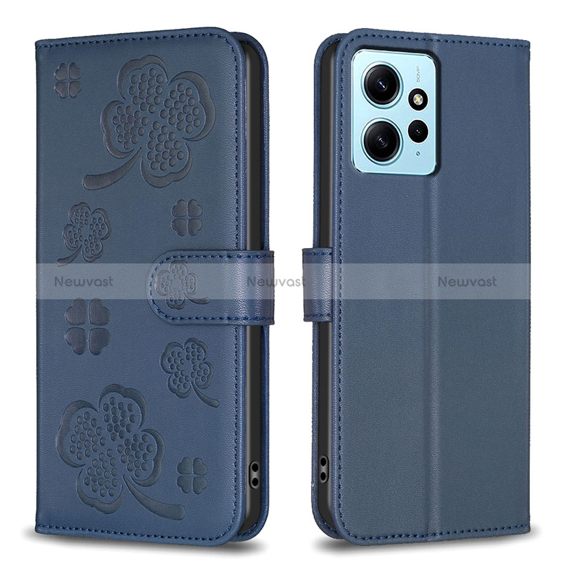 Leather Case Stands Flip Flowers Cover Holder BF1 for Xiaomi Redmi Note 12 4G Blue