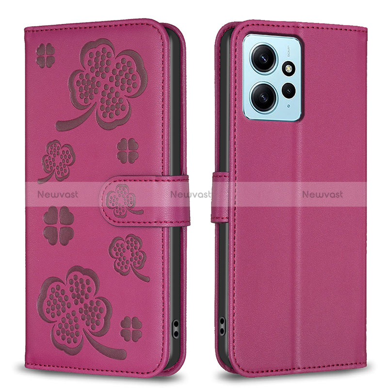 Leather Case Stands Flip Flowers Cover Holder BF1 for Xiaomi Redmi Note 12 4G Hot Pink