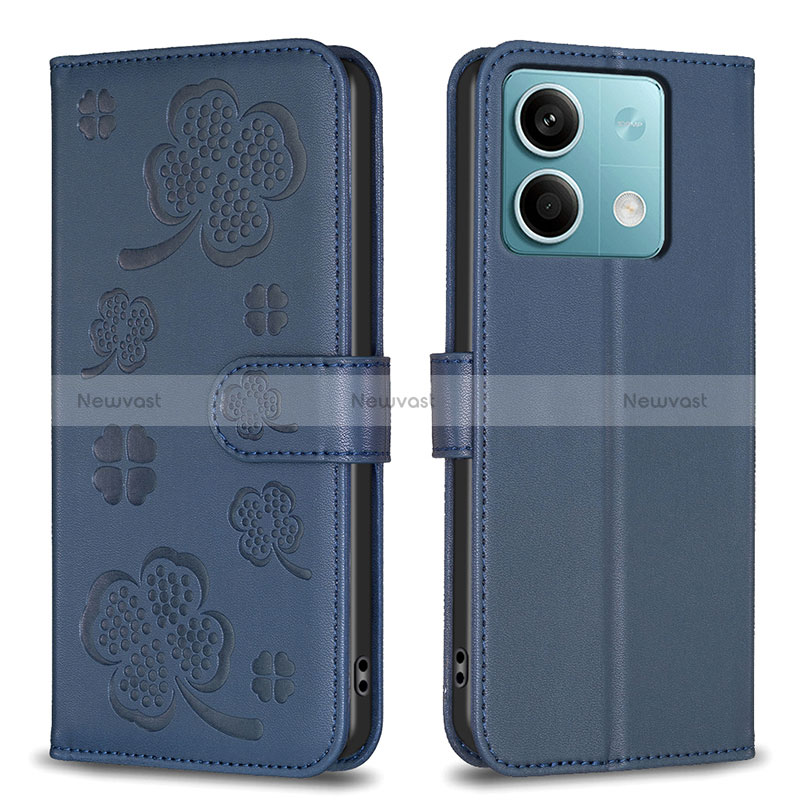 Leather Case Stands Flip Flowers Cover Holder BF1 for Xiaomi Redmi Note 13 5G Blue