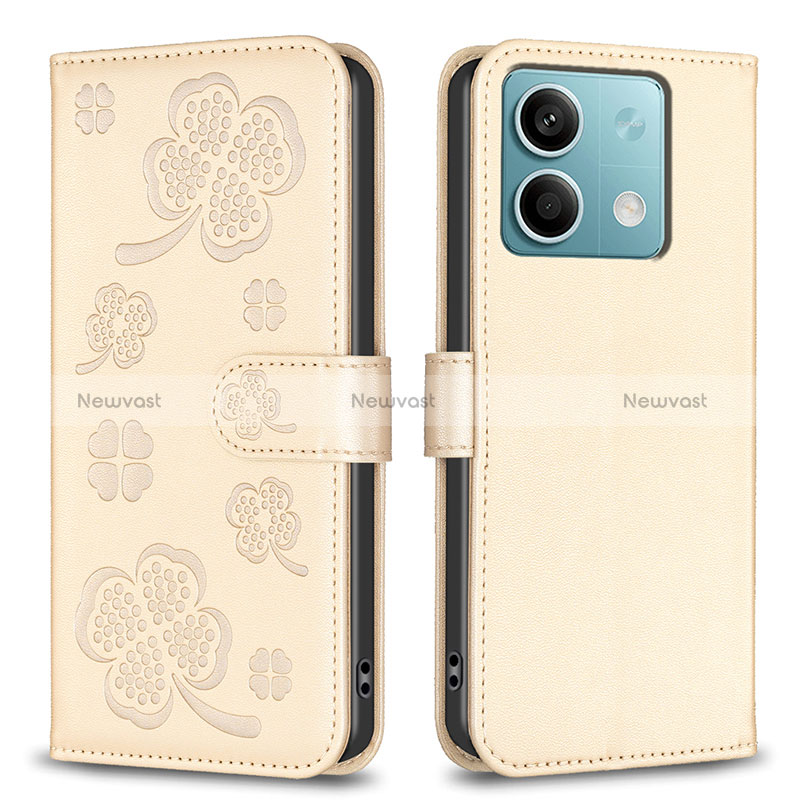 Leather Case Stands Flip Flowers Cover Holder BF1 for Xiaomi Redmi Note 13 5G Gold