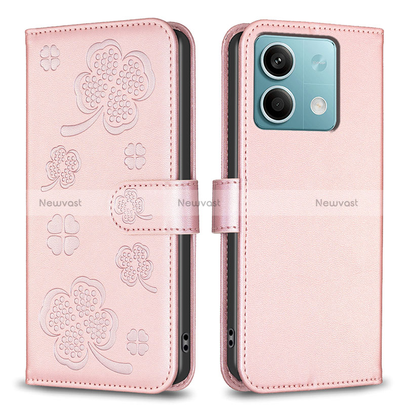 Leather Case Stands Flip Flowers Cover Holder BF1 for Xiaomi Redmi Note 13 5G Rose Gold